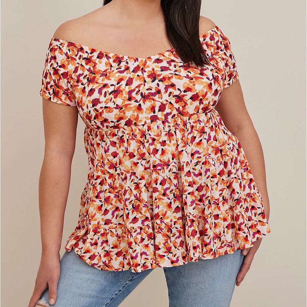 Torrid 2X 18-20 Mixed Knit And Crinkle Gauze Off The Shoulder Smocked Bodice Top